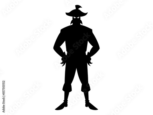 Black silhouette of cartoon pirate standing isolated on white background. Concept of pirate, Halloween, seafaring character, adventurous figure, kids illustration. Print, design element, graphic art