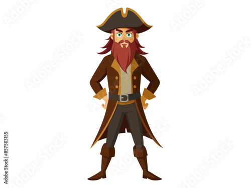 Cartoon pirate standing isolated on a white background. Concept of pirate, Halloween, seafaring character, adventurous figure, kids illustration. Print, design element, graphic art.