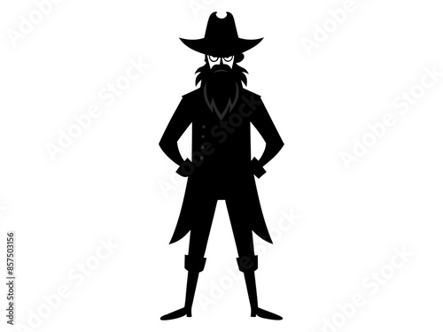 Black silhouette of cartoon pirate standing isolated on white background. Concept of pirate, Halloween, seafaring character, adventurous figure, kids illustration. Print, design element, graphic art