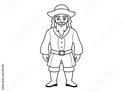 Black outline of cartoon pirate standing isolated on a white background. Concept of pirate, Halloween, seafaring character, adventurous figure, kids illustration. Print, design element, graphic art