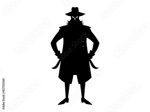Black silhouette of cartoon pirate standing isolated on white background. Concept of pirate, Halloween, seafaring character, adventurous figure, kids illustration. Print, design element, graphic art