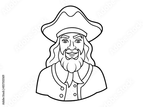 Black outline of cartoon pirate standing isolated on a white background. Concept of pirate, Halloween, seafaring character, adventurous figure, kids illustration. Print, design element, graphic art