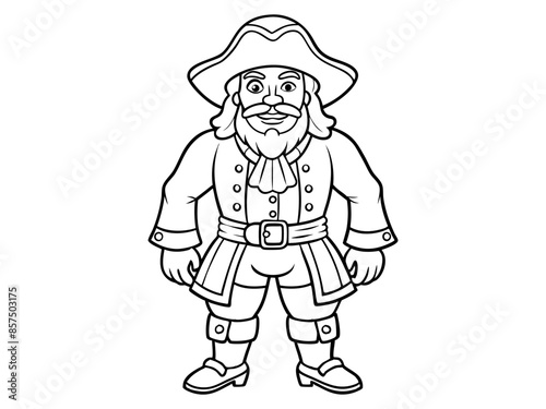Black outline of cartoon pirate standing isolated on a white background. Concept of pirate, Halloween, seafaring character, adventurous figure, kids illustration. Print, design element, graphic art