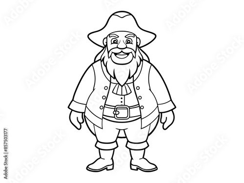 Black outline of cartoon pirate standing isolated on a white background. Concept of pirate, Halloween, seafaring character, adventurous figure, kids illustration. Print, design element, graphic art