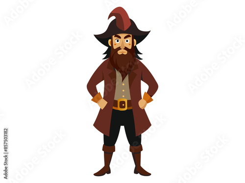 Cartoon pirate standing isolated on a white background. Concept of pirate, Halloween, seafaring character, adventurous figure, kids illustration. Print, design element, graphic art.