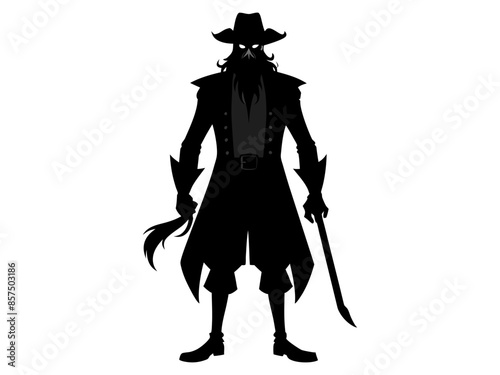 Black silhouette of cartoon pirate standing isolated on white background. Concept of pirate, Halloween, seafaring character, adventurous figure, kids illustration. Print, design element, graphic art