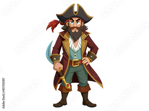Cartoon pirate standing isolated on a white background. Concept of pirate, Halloween, seafaring character, adventurous figure, kids illustration. Print, design element, graphic art.