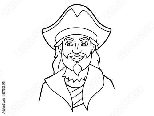 Black outline of cartoon pirate standing isolated on a white background. Concept of pirate, Halloween, seafaring character, adventurous figure, kids illustration. Print, design element, graphic art