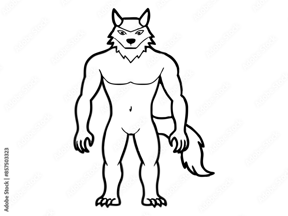 Fototapeta premium Black outline of cartoon werewolf isolated on a white background. Concept of Halloween character, mythical creature, monster, horror, fantasy, nightmare. Print, design element, illustration