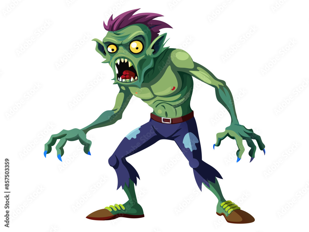 Scary cartoon zombie creature isolated on a white background Concept of undead monsters, horror illustration, Halloween character, spooky design element. Print, art Scary cartoon zombie creature isolated on a white background Concept of undead monsters, horror illustration, Halloween character, spooky design element. Print, art