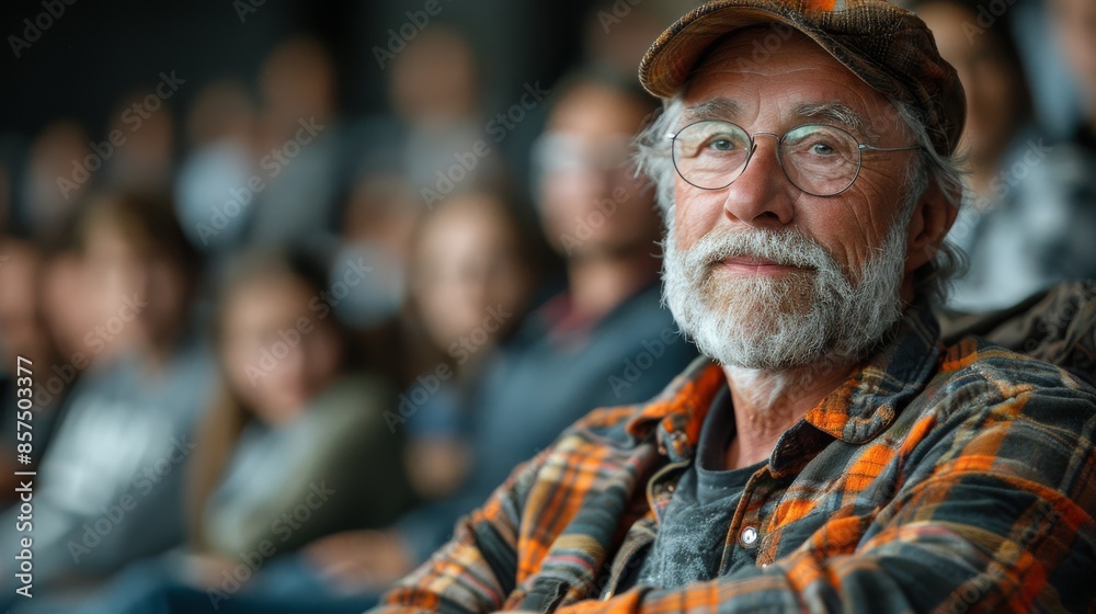 An elderly man with a white beard, wearing a cap and glasses, smiles warmly while dressed in a plaid shirt, seated in a social setting, conveying contentment. An elderly man with a white beard, wearing a cap and glasses, smiles warmly while dressed in a plaid shirt, seated in a social setting, conveying contentment.