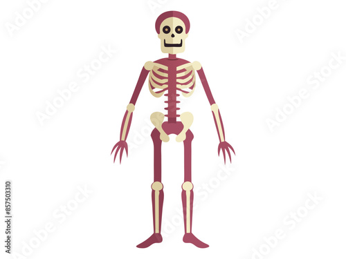 Cartoon human skeleton isolated on a white background. Concept of Halloween, anatomy illustration, bone structure, spooky illustration, creepy character. Print, icon, design element