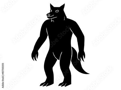 Black silhouette of a werewolf isolated on a white background. Concept of Halloween character, mythical creature, monster, horror, fantasy, nightmare. Print, design element, illustration