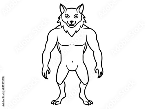 Black outline of cartoon werewolf isolated on a white background. Concept of Halloween character, mythical creature, monster, horror, fantasy, nightmare. Print, design element, illustration