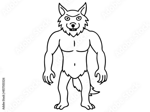 Black outline of cartoon werewolf isolated on a white background. Concept of Halloween character, mythical creature, monster, horror, fantasy, nightmare. Print, design element, illustration