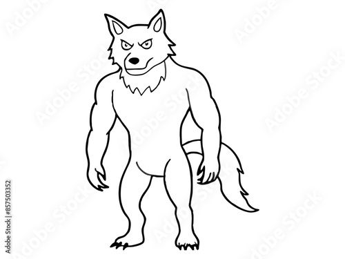 Black outline of cartoon werewolf isolated on a white background. Concept of Halloween character, mythical creature, monster, horror, fantasy, nightmare. Print, design element, illustration