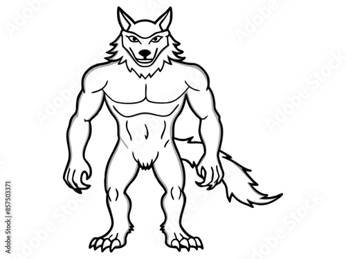 Black outline of cartoon werewolf isolated on a white background. Concept of Halloween character, mythical creature, monster, horror, fantasy, nightmare. Print, design element, illustration