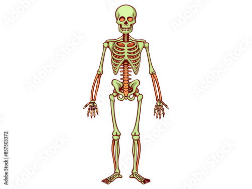 Cartoon human skeleton isolated on a white background. Concept of Halloween, anatomy illustration, bone structure, spooky illustration, creepy character. Print, icon, design element