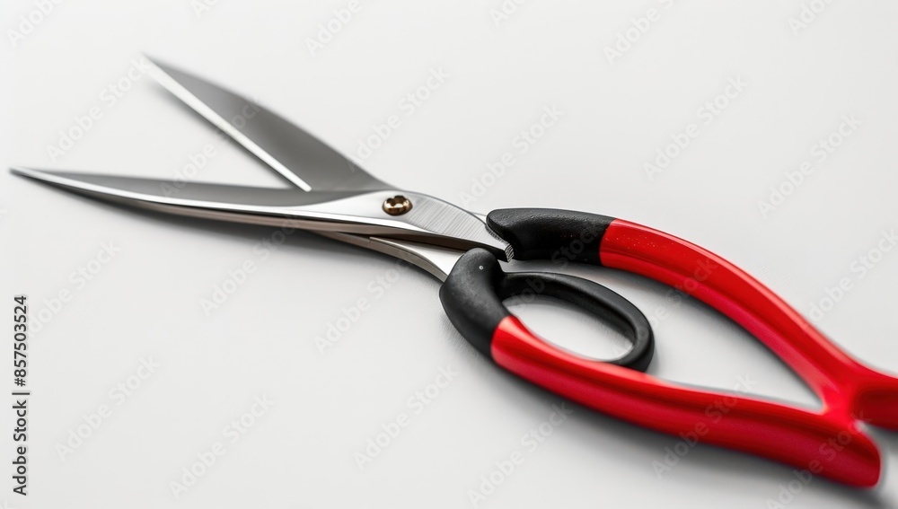 Red Scissors with Black Handle on Grey Surface Red Scissors with Black Handle on Grey Surface