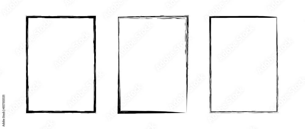 Black grunge rectangle frame set. Different paint brushed border collection. Chalk or ink rectangular uneven stroke design elements for banner, poster, flyer, brochure, cover. Vector A4 carde