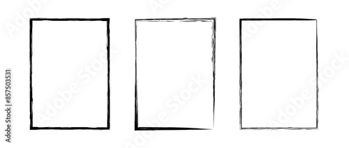 Black grunge rectangle frame set. Different paint brushed border collection. Chalk or ink rectangular uneven stroke design elements for banner, poster, flyer, brochure, cover. Vector A4 carde