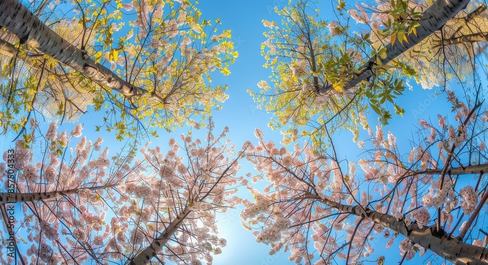 Serene Spring Blossoms in a Picturesque Park, Overhead Shot with a Clear Sky and Light Reflections Serene Spring Blossoms in a Picturesque Park, Overhead Shot with a Clear Sky and Light Reflections