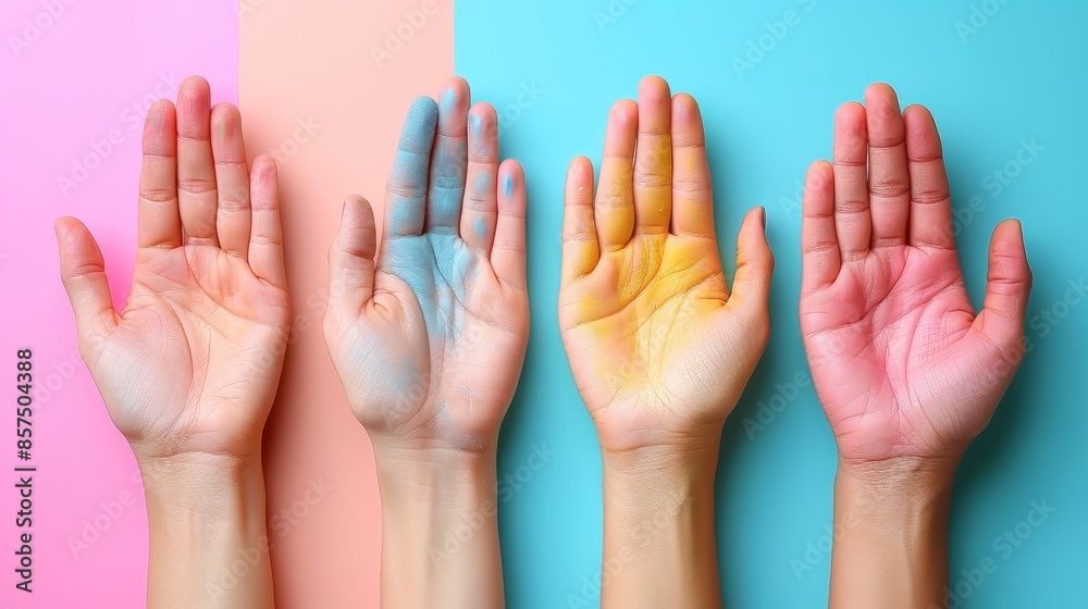 Four open hands painted in pastel shades of pink, blue, yellow, placed side by side against a background split into matching colors, demonstrating unity and diversity. Four open hands painted in pastel shades of pink, blue, yellow, placed side by side against a background split into matching colors, demonstrating unity and diversity.