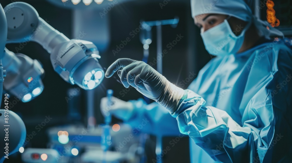 A surgeon, wearing surgical scrubs and a mask, operates with the help of robotic arms in a sterile hospital environment. A surgeon, wearing surgical scrubs and a mask, operates with the help of robotic arms in a sterile hospital environment.