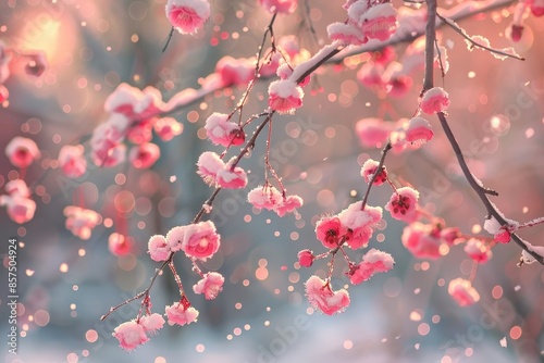 Soft Pink Blossoms on a Branch, Snowy Background, Close-Up Photography