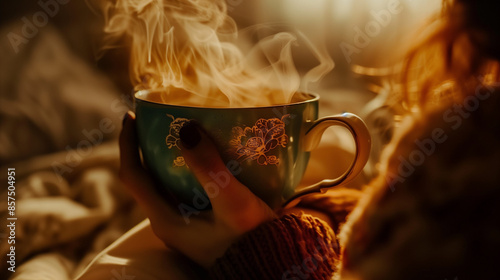 A cup filled with very hot tea, a hot beverage that might be good for your wellbeeing. The cup is holded by a woman's hand. photo