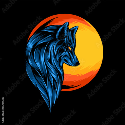 blue wolf with moon vector illustration
