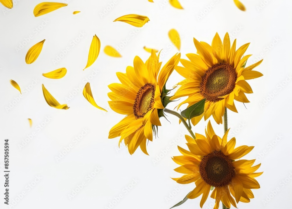 Naklejka premium Vibrant Sunflowers with Yellow Petals Against a White Background