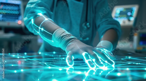 A gloved hand interacts with a futuristic interface, showing a network of glowing lines, in a medical setting.