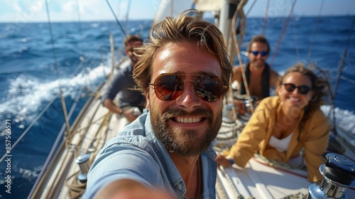 A group of people joyfully partaking in a sailing adventure on a boat, surrounded by open blue waters, vibrant sunny weather, and an exhilarating maritime experience.