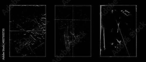 Rough grunge vinyl overlay set. Folded paper photocopy texture collection. Old worn scratched crumpled background. Dirt grainy scanned distress wallpaper for poster, cover, frame, banner. Vector pack