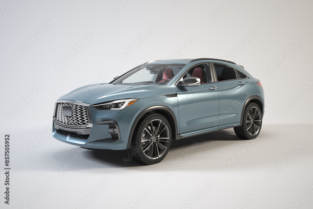 Fototapeta premium Left side view of blue car SUV on white background, 3D rendered high quality image.