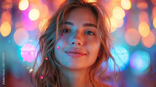 A young blonde woman with freckles, surrounded by vibrant lights and festive decorations, looking at the camera with a serene expression, conveying warmth and contentment.