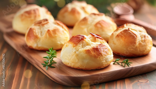 Soft dinner buns on wooden board. Tasty and fresh bakery. Culinary concept. Delicious food. Close-up photo