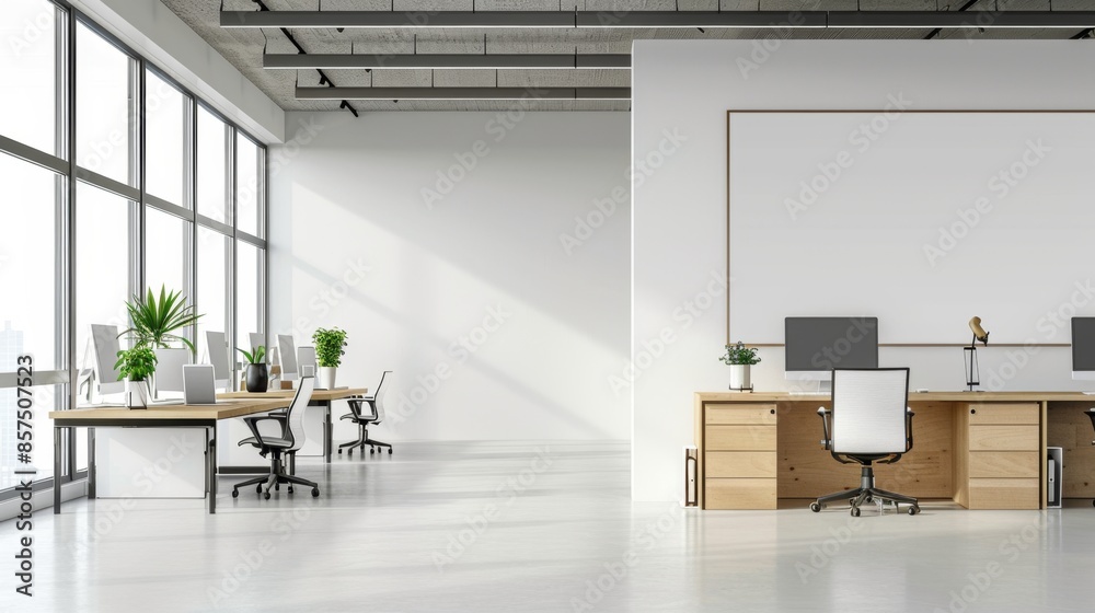 Modern Office Space with Natural Light and Greenery, Generative AI