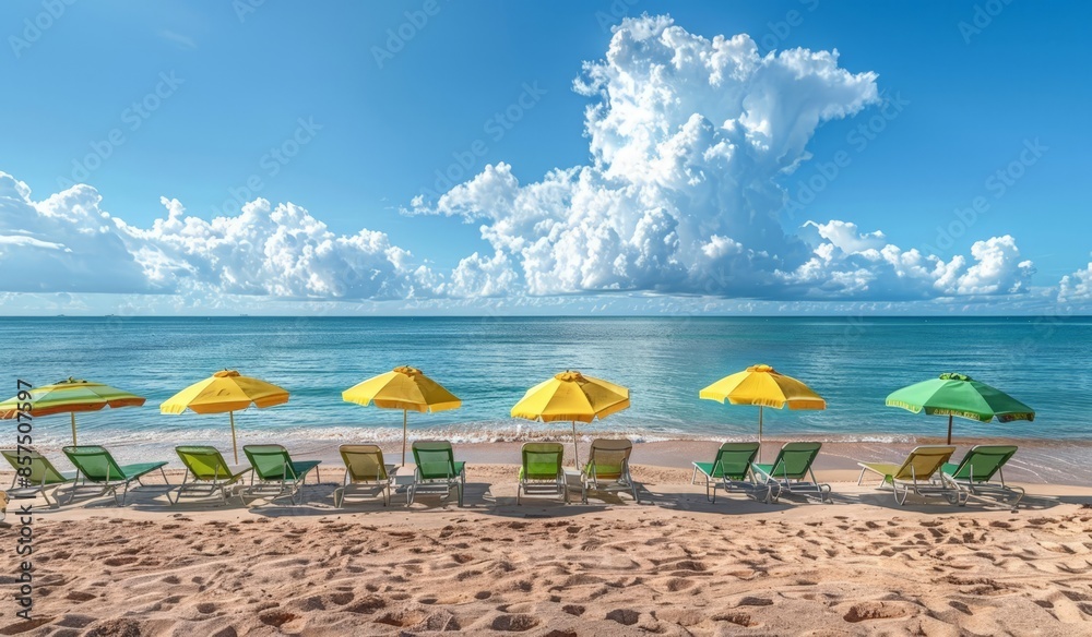 Tropical Beach Scene with Umbrellas, Lounge Chairs, and Coastal Waters Tropical Beach Scene with Umbrellas, Lounge Chairs, and Coastal Waters