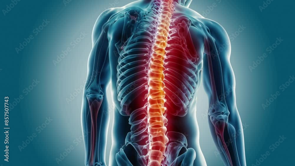 Hand Human Back Xray and 3d Spinal pain and human back anatomy Man puts his hands ...