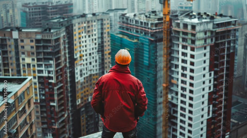 a man in a builder's uniform looks at the new building a man in a builder's uniform looks at the new building