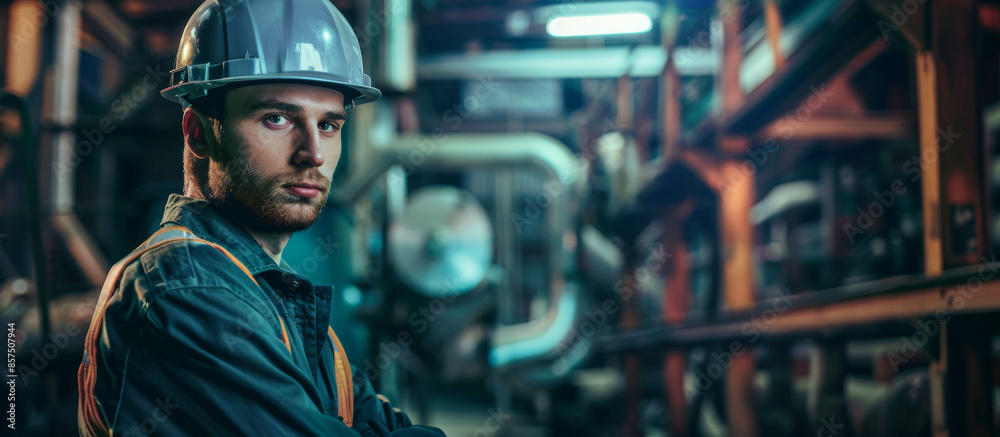 a man in a work helmet stands against the background of a factory a man in a work helmet stands against the background of a factory