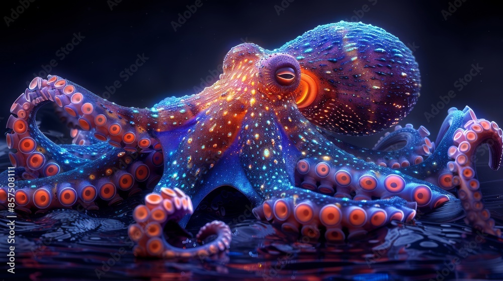 A bioluminescent octopus showcasing its vibrant and sparkling colors underwater, with detailed tentacles and a mesmerizing aura, creates a stunning display of marine beauty. A bioluminescent octopus showcasing its vibrant and sparkling colors underwater, with detailed tentacles and a mesmerizing aura, creates a stunning display of marine beauty.