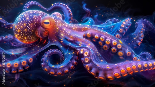 A mesmerizing bioluminescent octopus displaying a wide array of vibrant glowing colors, with intricate patterns on its tentacles, set against the mysterious deep ocean backdrop. photo