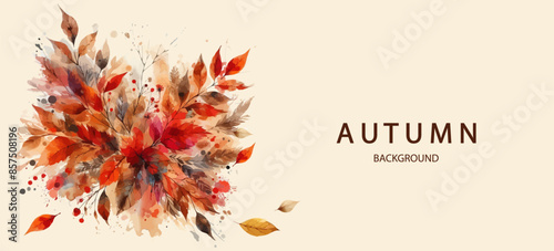 Autumn background with watercolor falling leaves . Abstract art autumn minimalistic background with brush texture and flying maple leaves.. Hand-painted natural art with fall leaves. Autumn border .