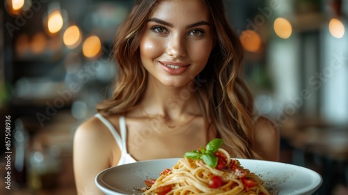 A young woman with a warm smile proudly presenting a plate of Italian pasta, garnished with fresh basil and tomatoes, exemplifying Italian culinary delight and hospitality. photo