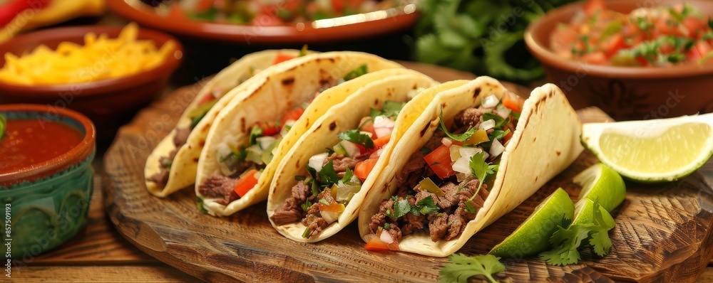 Delicious beef tacos with fresh toppings on wooden board, Mexican cuisine. Food photography concept Delicious beef tacos with fresh toppings on wooden board, Mexican cuisine. Food photography concept