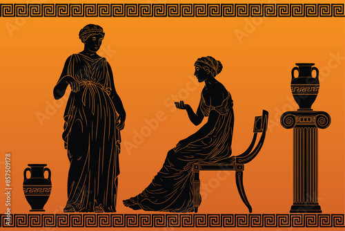 Two ancient Greek women in tunics with jugs are engaged in a dialogue.