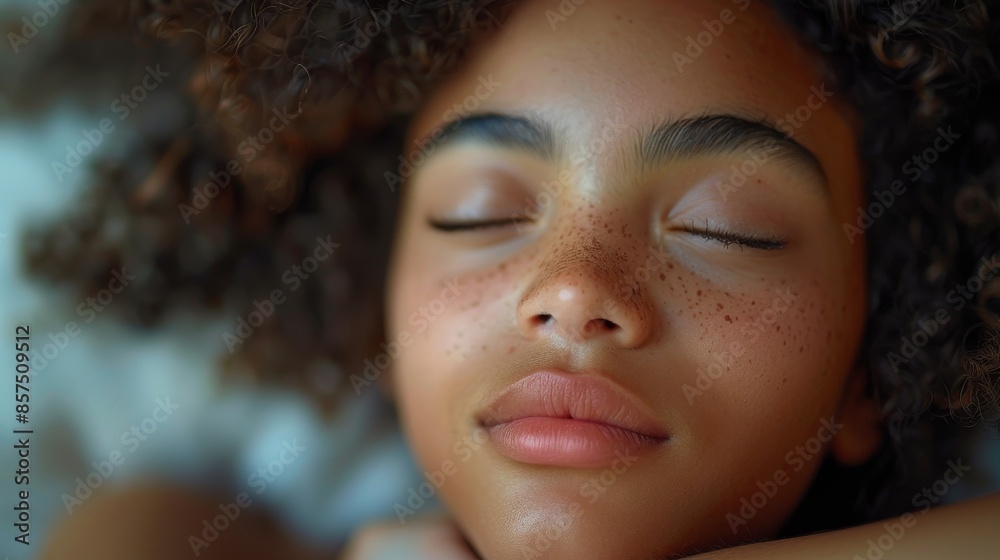 Young girl with curly hair sleeps peacefully with eyes closed, showcasing her delicate freckles and serene expression, representing innocence, purity, and natural beauty. Young girl with curly hair sleeps peacefully with eyes closed, showcasing her delicate freckles and serene expression, representing innocence, purity, and natural beauty.